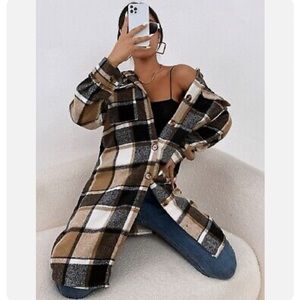 Womens Plaid Flap Pocket Drop Shoulder Longline Coat